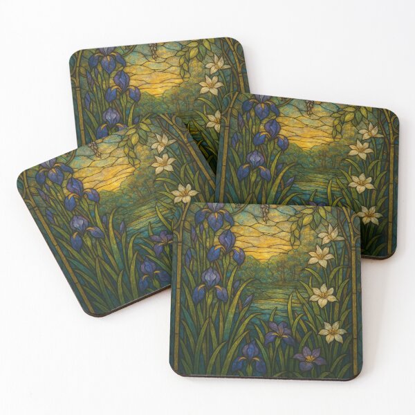 Item preview, Stained Glass Window Depicting Floral Scene with Irises and Sunset designed and sold by Rue Market.