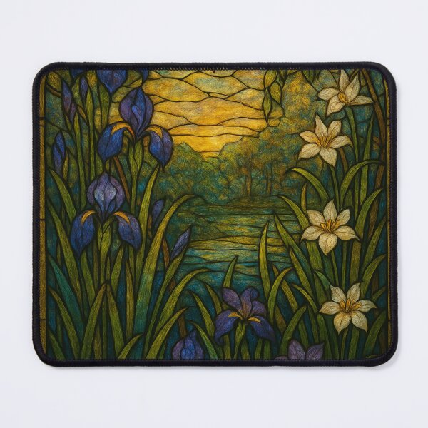 Item preview, Stained Glass Window Depicting Floral Scene with Irises and Sunset designed and sold by Rue Market.