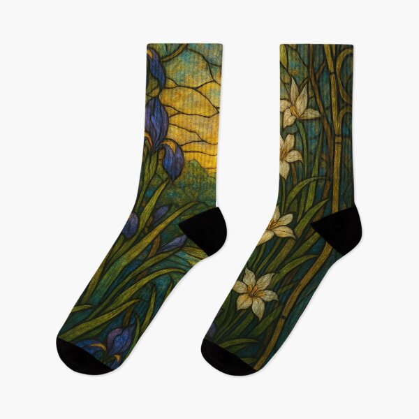 Item preview, Stained Glass Window Depicting Floral Scene with Irises and Sunset designed and sold by Rue Market.