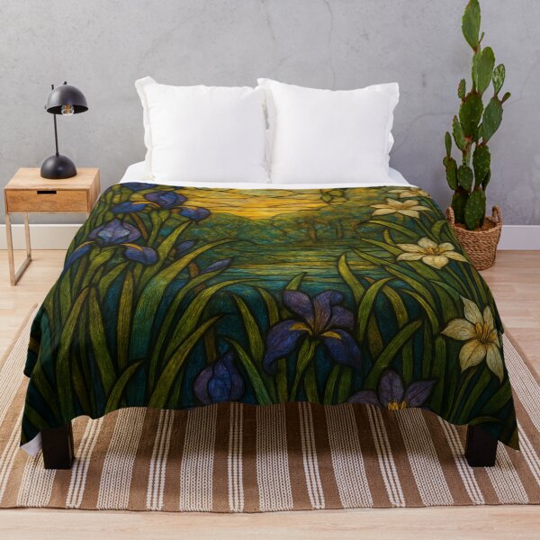 Item preview, Stained Glass Window Depicting Floral Scene with Irises and Sunset designed and sold by Rue Market.