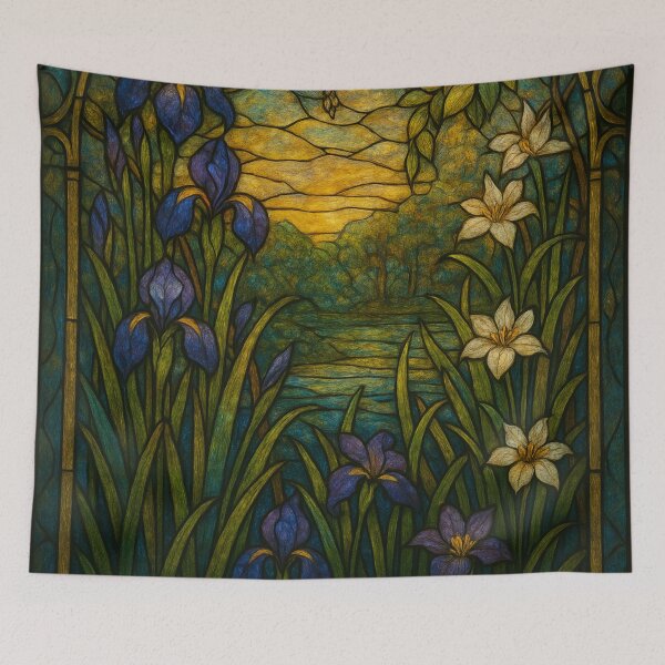 Item preview, Stained Glass Window Depicting Floral Scene with Irises and Sunset designed and sold by Rue Market.