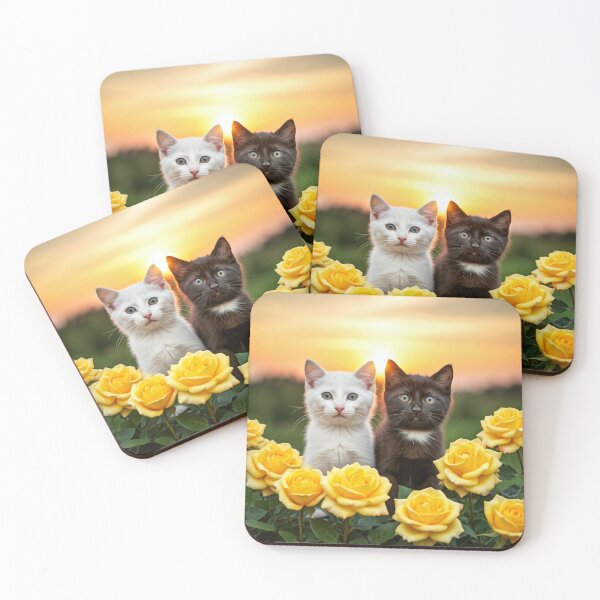 Item preview, black and white kittens in a bed of roses in love  designed and sold by Rubyrosethorns.