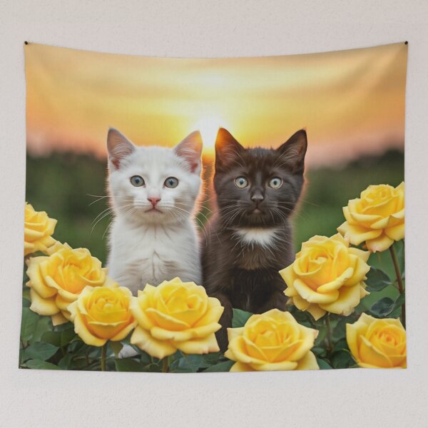 Item preview, black and white kittens in a bed of roses in love  designed and sold by Rubyrosethorns.