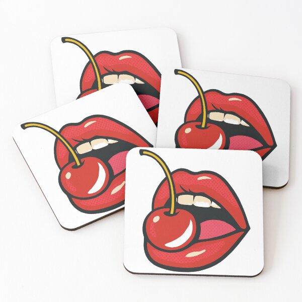 Item preview, Pop Art Image of Red Lips Holding a Cherry on Purple Background designed and sold by Rue Market.