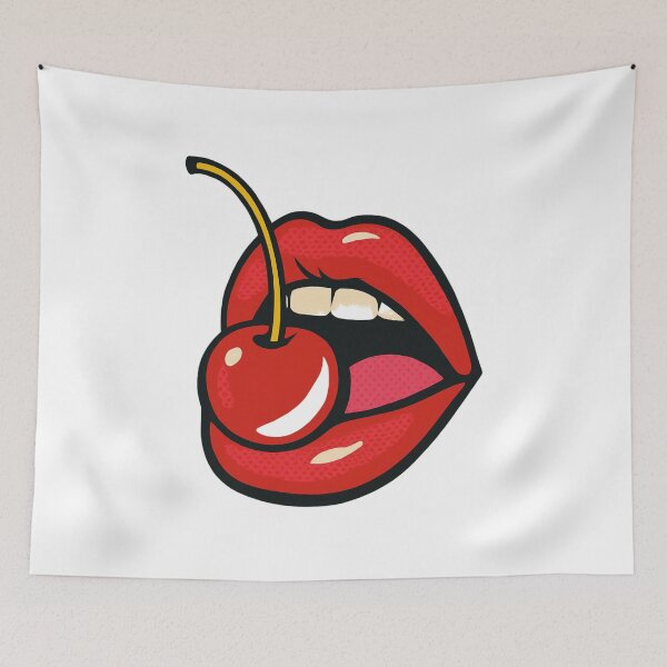 Item preview, Pop Art Image of Red Lips Holding a Cherry on Purple Background designed and sold by Rue Market.