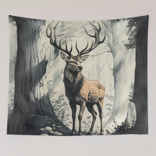Item preview, Majestic Stag Standing Gracefully in Enchanted Forest Amid Lush Vegetation designed and sold by Rue Market.