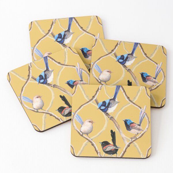 Item preview, Fairy Wrens on Garden Lattice pattern - Sunny Yellow designed and sold by Nadya Neklioudova.