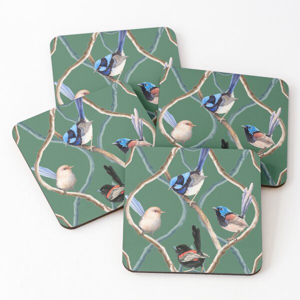 Item preview, Fairy Wrens on Garden Lattice pattern - Emerald Green designed and sold by Nadya Neklioudova.
