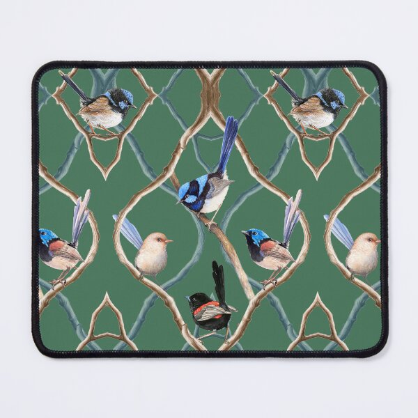 Item preview, Fairy Wrens on Garden Lattice pattern - Emerald Green designed and sold by Nadya Neklioudova.
