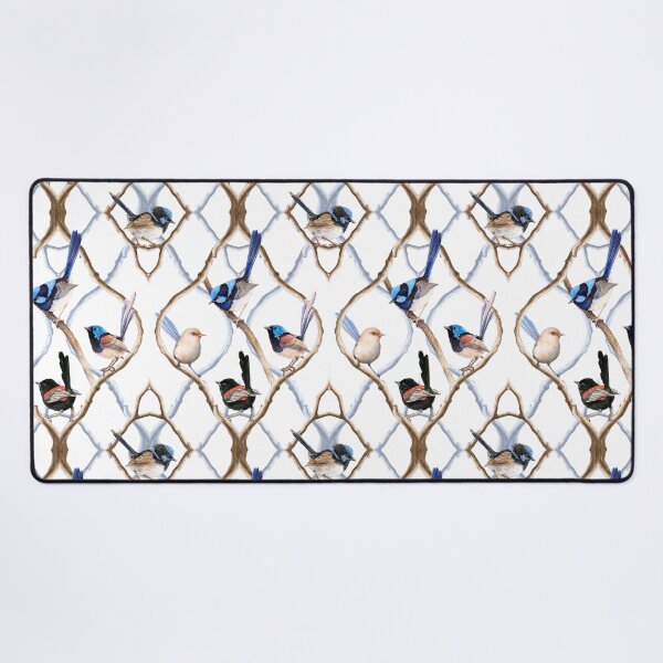 Item preview, Fairy Wrens on Garden Lattice pattern - White background designed and sold by Nadya Neklioudova.