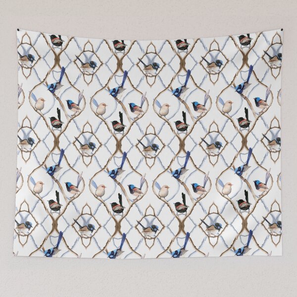 Item preview, Fairy Wrens on Garden Lattice pattern - White background designed and sold by Nadya Neklioudova.