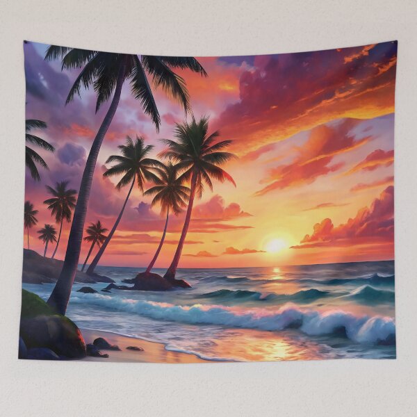 Artikelvorschau, Tropischer Sonnenuntergangsstrand mit Palmen – Lebendige Küstenkunst entworfen und verkauft von Travelslightly.