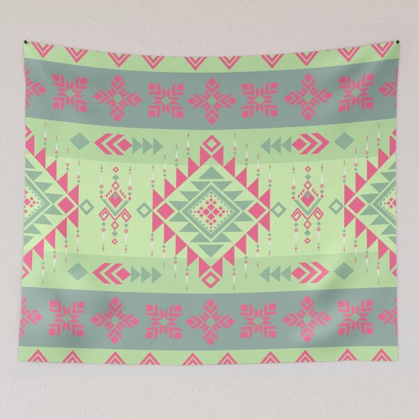 Item preview, Ethnic pattern exhibiting geometric shapes and tribal motifs in shades of light green gray and pink designed and sold by Crispifly.