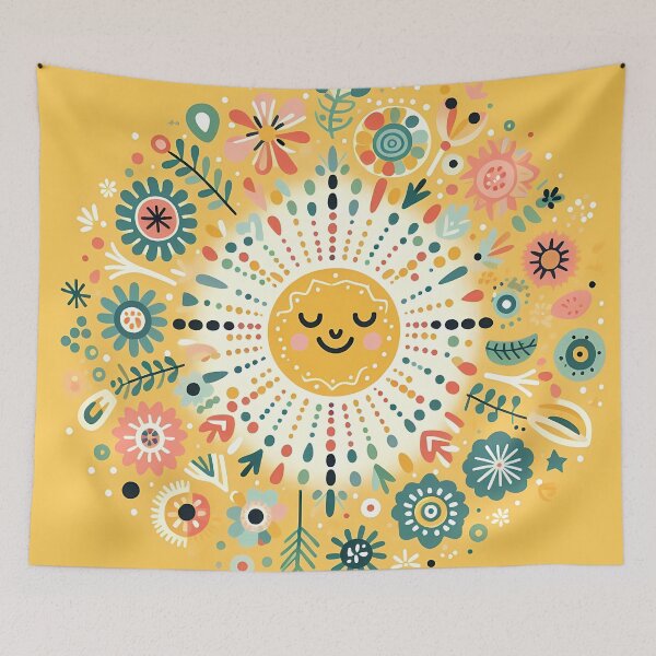 Item preview, Yellow Smiling Sun Intricate Nordic Radiance - Scandinavian Folk Art by heidiannemorris © designed and sold by FOLK ART FUSION by heidiannemorris.