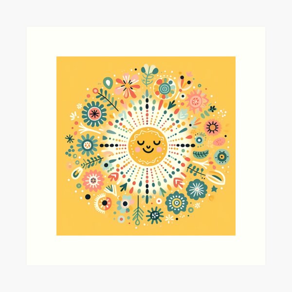 Item preview, Yellow Smiling Sun Intricate Nordic Radiance - Scandinavian Folk Art by heidiannemorris © designed and sold by FOLK ART FUSION by heidiannemorris.