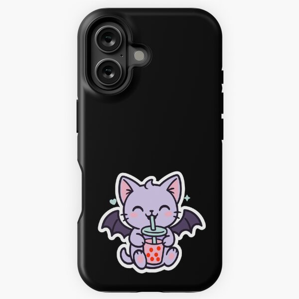 Vista previa del artículo con la obra «Gato murciélago vampiro de té de burbujas – Pegatina y camiseta kawaii», diseñado y vendido por Chibi MoonPaws.