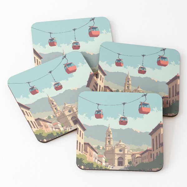 Item preview, La Paz, Bolivia - Plaza Murillo, Mi Teleférico, San Francisco Church in tan plaza, red cable cars, brown stone church, and mountain gray designed and sold by Sabry Belal.
