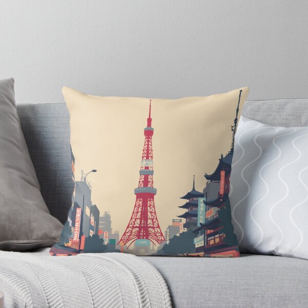 Item preview, Tokyo, Japan - Tokyo Tower, Senso-ji Temple, Shibuya Crossing in tower red, temple beige, crossing grey, and neon tones designed and sold by Sabry Belal.