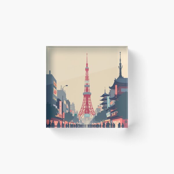 Item preview, Tokyo, Japan - Tokyo Tower, Senso-ji Temple, Shibuya Crossing in tower red, temple beige, crossing grey, and neon tones designed and sold by Sabry Belal.