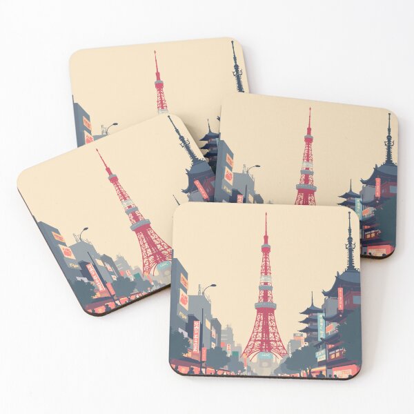 Item preview, Tokyo, Japan - Tokyo Tower, Senso-ji Temple, Shibuya Crossing in tower red, temple beige, crossing grey, and neon tones designed and sold by Sabry Belal.