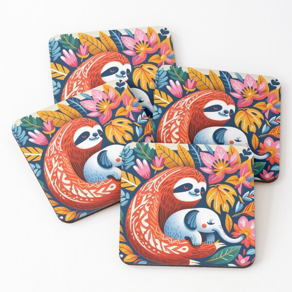 Item preview, Scandinavian Folk Art cute blue Sloth with tiny elephant friend designed and sold by FOLK ART FUSION by heidiannemorris.