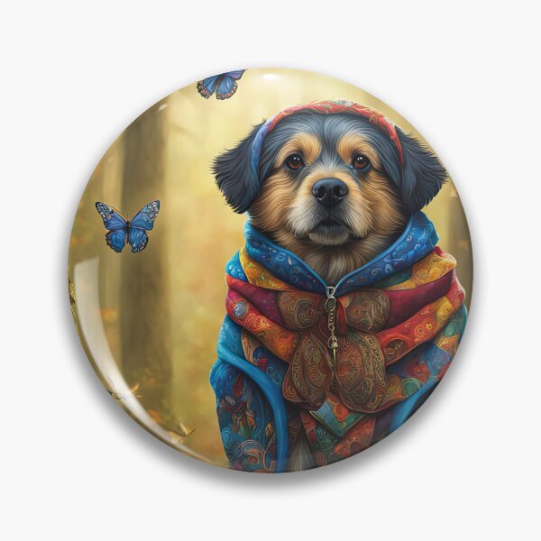 Item preview, Folk Art wise old Dog wearing a patchwork hoodie sits on a branch in a colourful forest designed and sold by Colin Bentham.