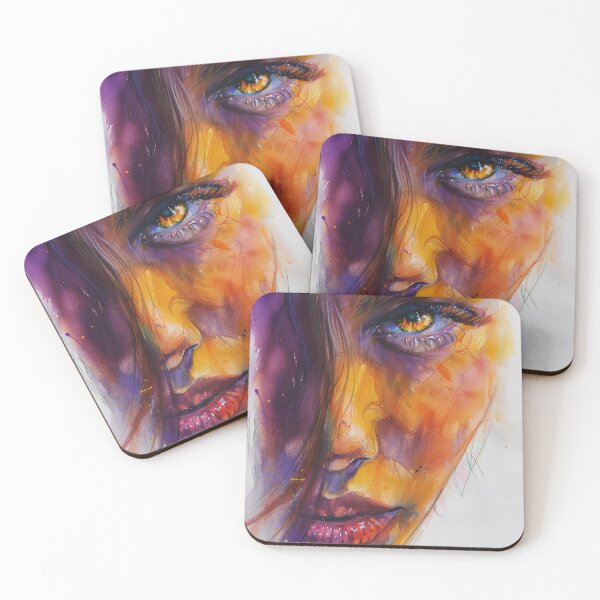 Item preview, Fiery Watercolor Portrait Print – Amber Eye and Crimson Lips Expressive Art designed and sold by IdeaSmith.