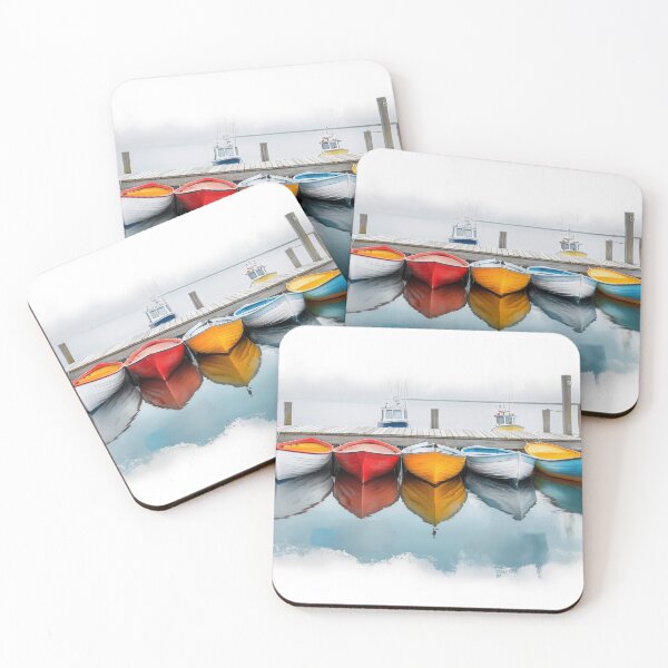 Item preview, Colorful Rowboats Docked at a Northeastern Harbor: Nautical Watercolor Illustration designed and sold by AngelottiCR.