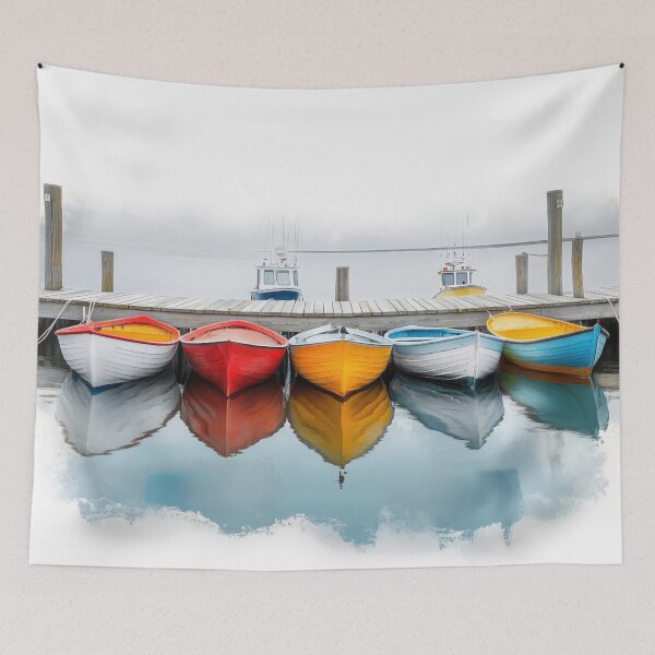 Item preview, Colorful Rowboats Docked at a Northeastern Harbor: Nautical Watercolor Illustration designed and sold by AngelottiCR.