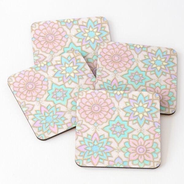 Item preview, Pastel Geometric Garden – Islamic Tile with Floral Gold Outlines designed and sold by SUNAGIMO9999.