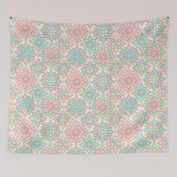 Item preview, Pastel Geometric Garden – Islamic Tile with Floral Gold Outlines designed and sold by SUNAGIMO9999.