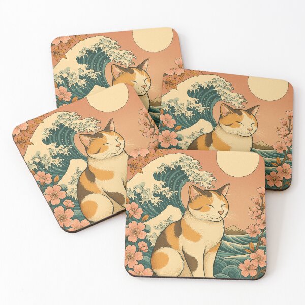 Item preview,  Japanese Cat Kanagawa Wave Pink Flowers Art  designed and sold by ArtisticJelly.