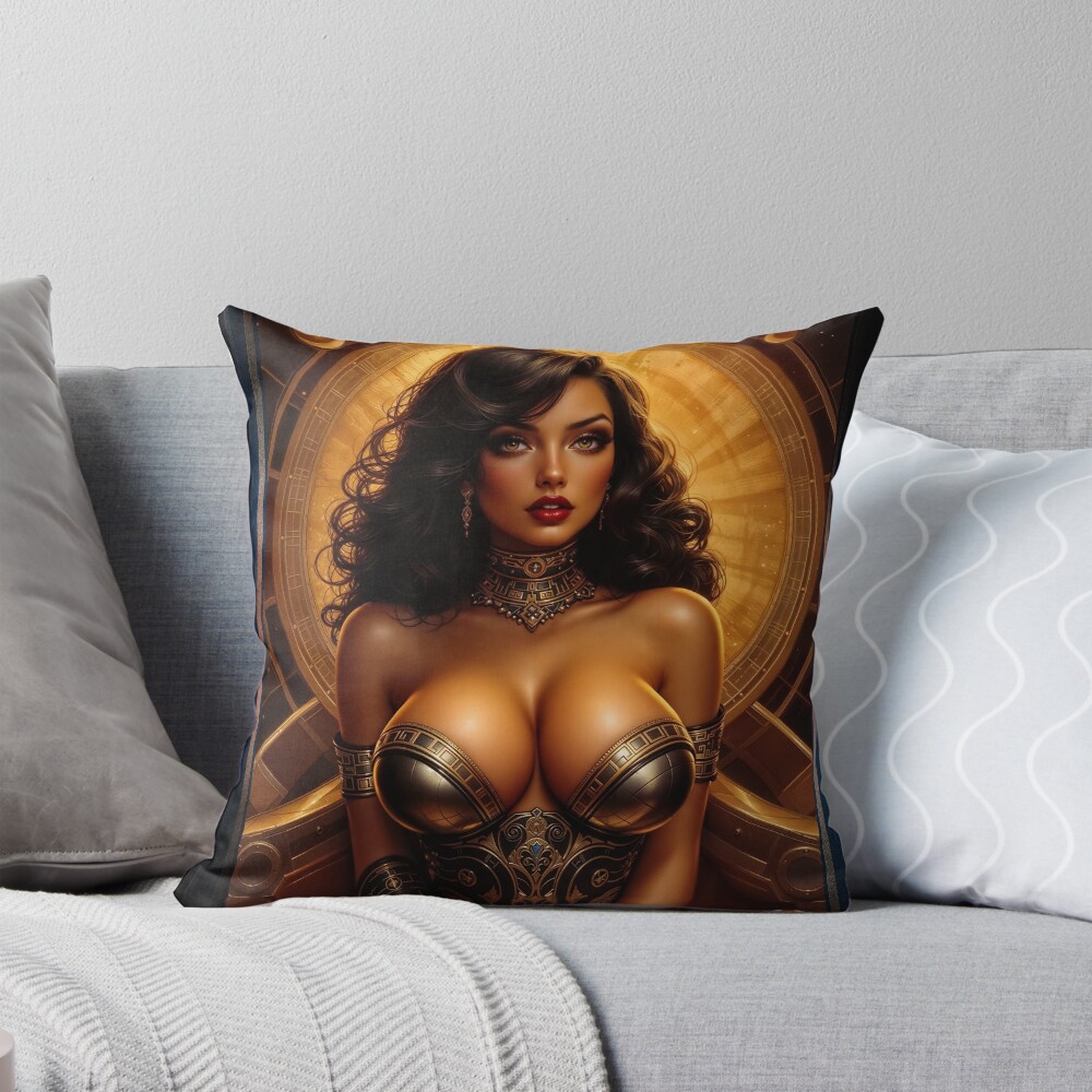 Gilded Celestial Stunning Portrait Of Zayna Khel'Dara Captivating AI Concept Art by Xzendor7 Decorative Art Print Throw Pillow