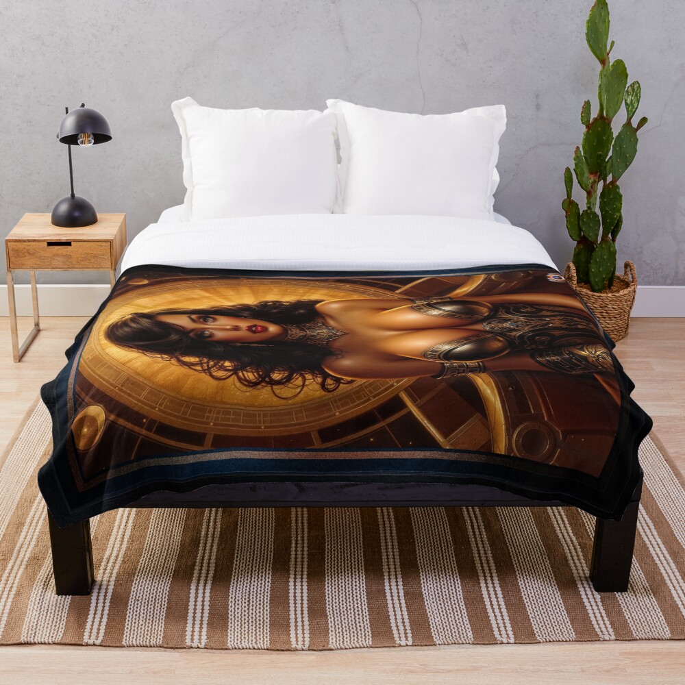 Gilded Celestial Stunning Portrait Of Zayna Khel'Dara Captivating AI Concept Art by Xzendor7 Decorative Art Print Throw Blanket