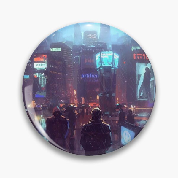 Item preview, Crowded nightscape – A bustling rainy plaza under luminescent blue/pink signs, moody but refined, with digital noise giving that Matrix-edge. designed and sold by Curiosities Galore.