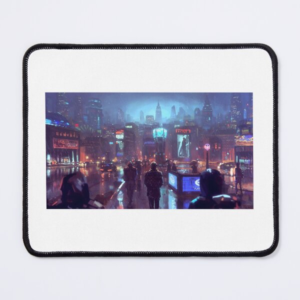 Item preview, Crowded nightscape – A bustling rainy plaza under luminescent blue/pink signs, moody but refined, with digital noise giving that Matrix-edge. designed and sold by Curiosities Galore.