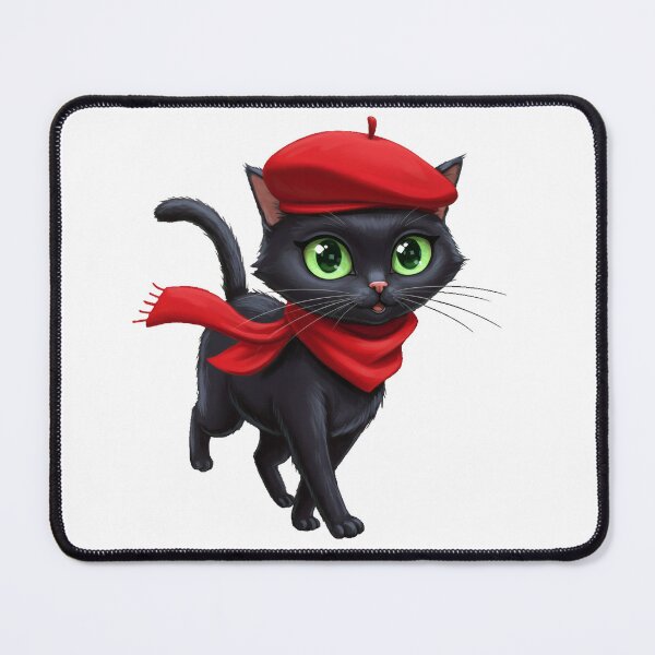 Item preview, Atomic Cat with a Fedora, Black Cat Green eyes, Red Scarf and Hat, Cool Stylish Paris France, French, Catitude, MCM, Mid Century Modern,  designed and sold by TheTimeTaxi.