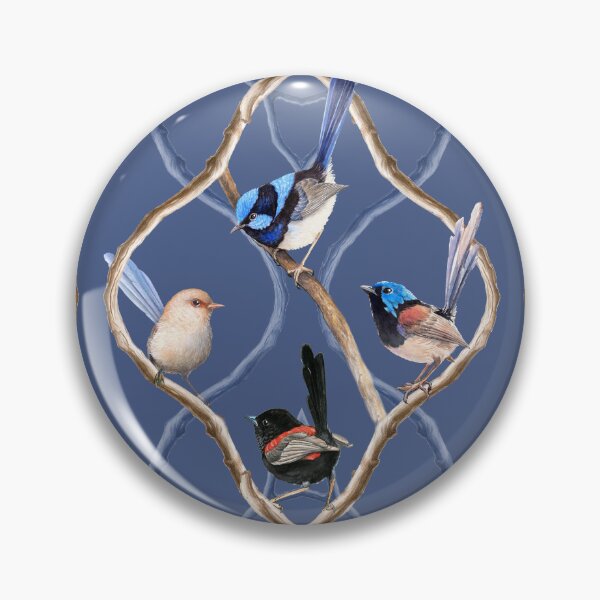 Item preview, Fairy Wrens on Garden Lattice pattern - Cool Blue designed and sold by Nadya Neklioudova.