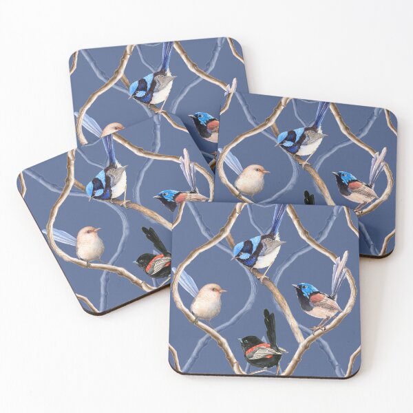 Item preview, Fairy Wrens on Garden Lattice pattern - Cool Blue designed and sold by Nadya Neklioudova.
