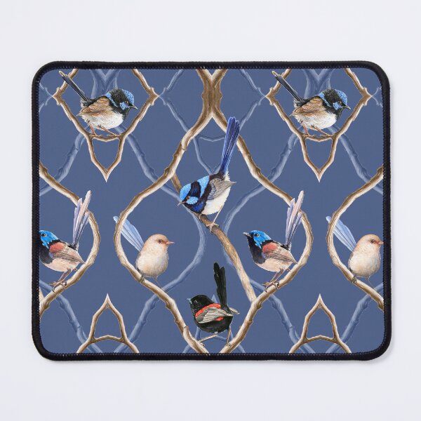 Item preview, Fairy Wrens on Garden Lattice pattern - Cool Blue designed and sold by Nadya Neklioudova.