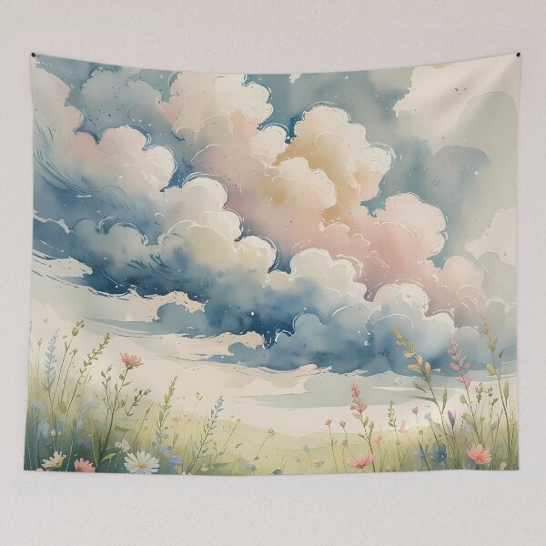 Item preview, Pastel Cloud Bloom Over Wildflower Meadow – Boho Watercolor Print designed and sold by Mos Thainique.