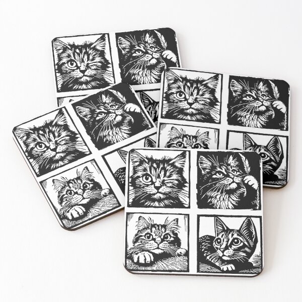 Item preview, Whimsical Woodcut Cats in Four Frames designed and sold by pbartwork.