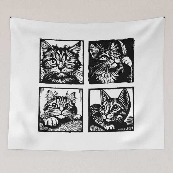 Item preview, Whimsical Woodcut Cats in Four Frames designed and sold by pbartwork.