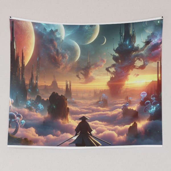 Item preview, Futuristic Samurai and Spaceships | Sci-Fi Cyberpunk Wall Art | Japanese Warrior Digital Print V3 designed and sold by Brainrot25.