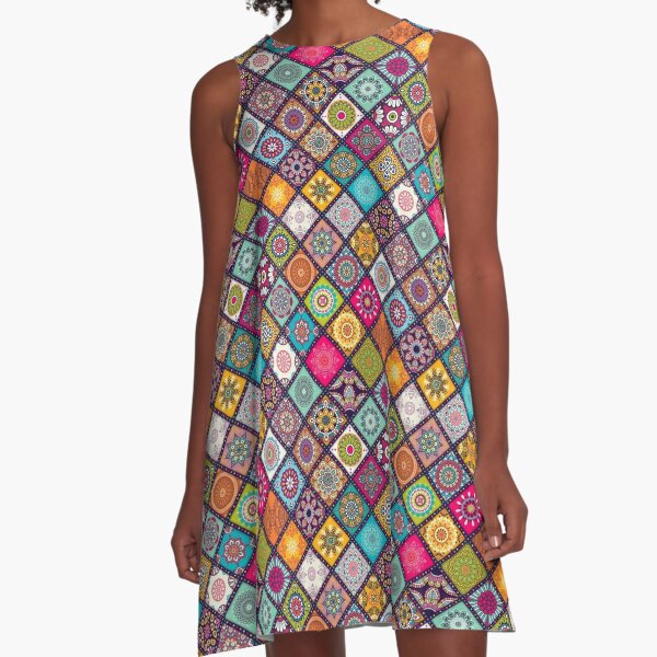 Colorful Bohemian Mandala Pattern A-Line Dress