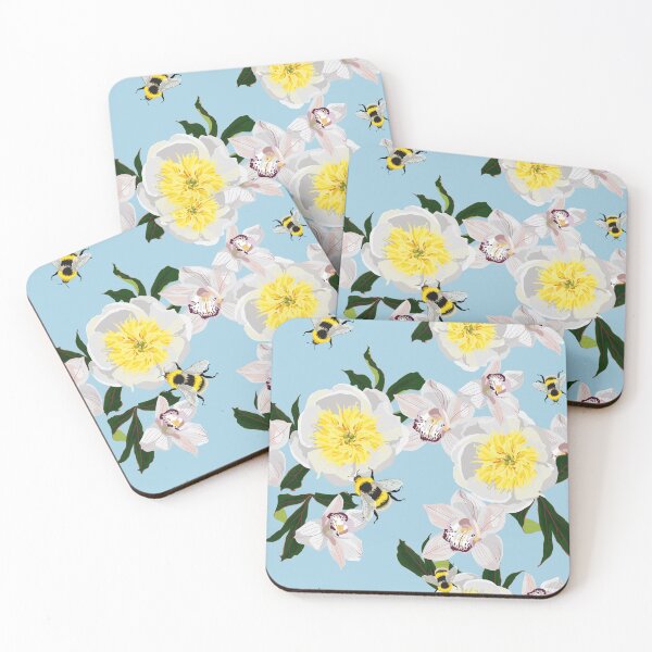 Item preview, Seamless floral pattern with white yellow peonies, exotic orchids and bee. designed and sold by MatyKotiv.