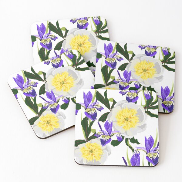 Item preview, Seamless floral pattern with white yellow peonies and violet iris. designed and sold by MatyKotiv.