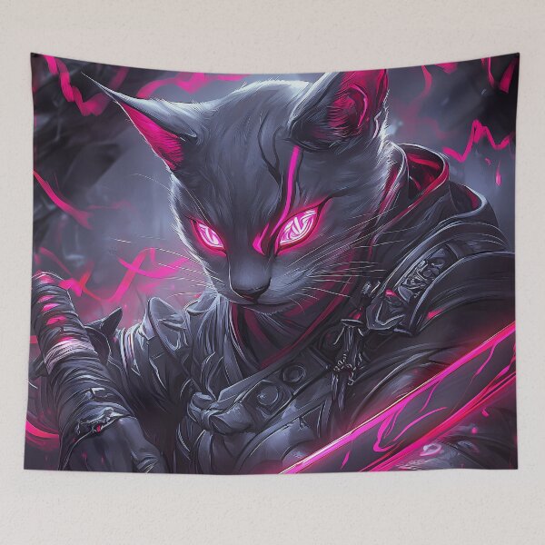 Item preview, Animal Dark Samurai Cat with Neon Eyes and Glowing Katana Blade designed and sold by lassedgkotsij.