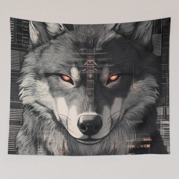 Item preview, Portrait Animal Cyber Wolf Red Eyes Tech Overlay Cityscape Monochrome Intensity designed and sold by telchimabukar.