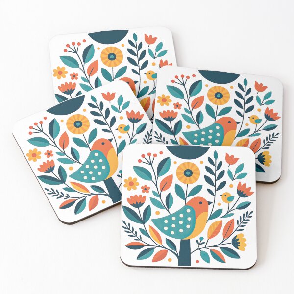 Item preview, Folk Art Bird with Flowers and Leaves Colorful Scandinavian Style designed and sold by ArtfulWeave.